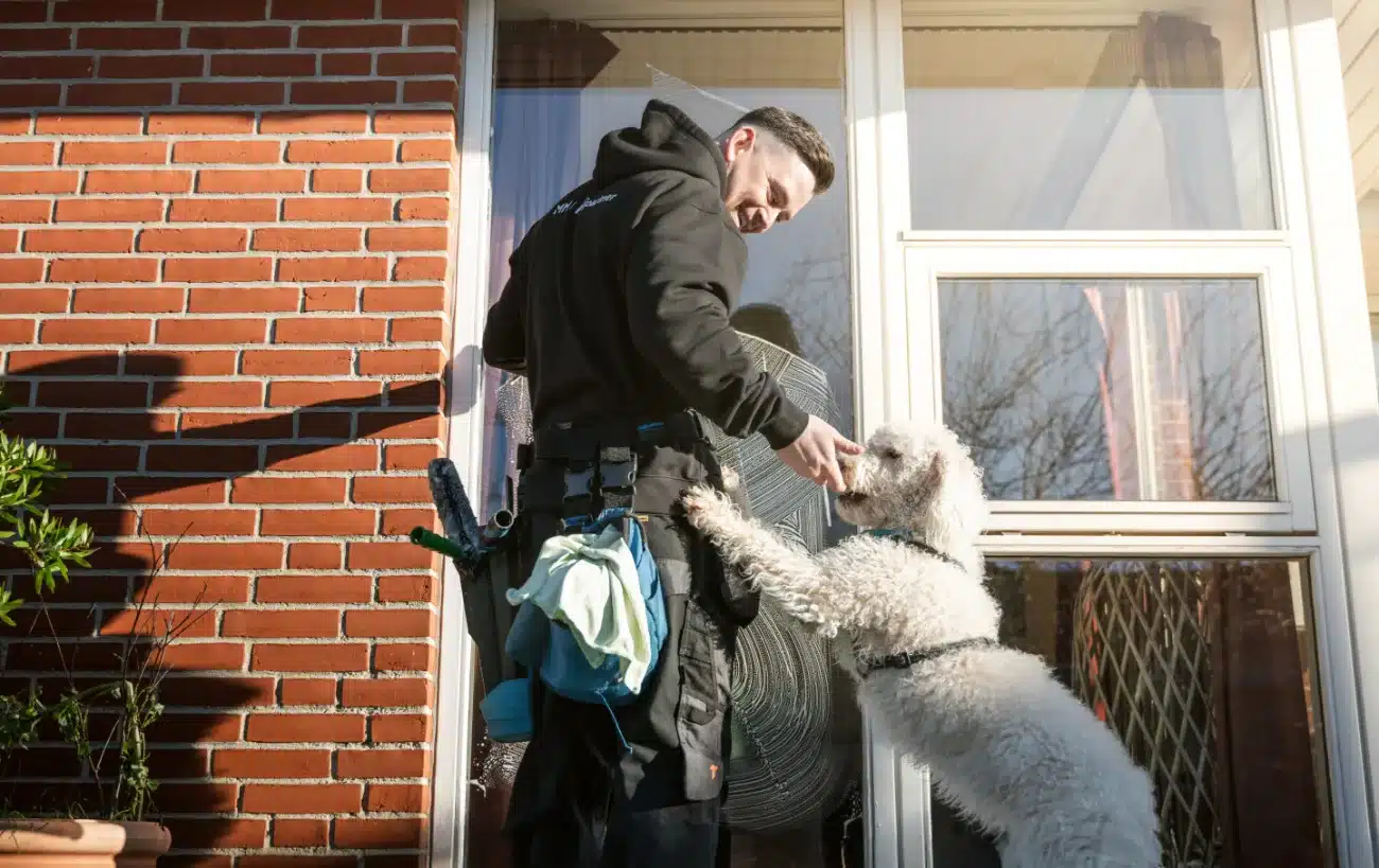 Vinduespudser fra MM Multipartner hilser på en hund ved vinduet